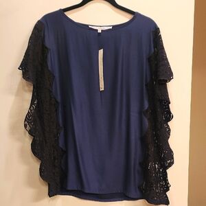 NWT French Rendez Vous Lace Detail Top With Shell Navy Black Size S
